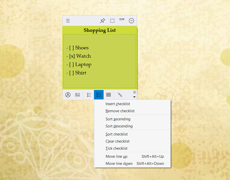 Sort lines inside a sticky note, sort checklist items in a sticky note